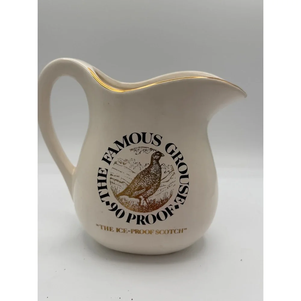 Vintage 1976 The Famous Grouse Scotch Whisky Pitcher Ceramic Barware Gold Rim